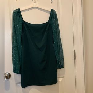 Emerald green bedazzled sleeves square neck mini dress